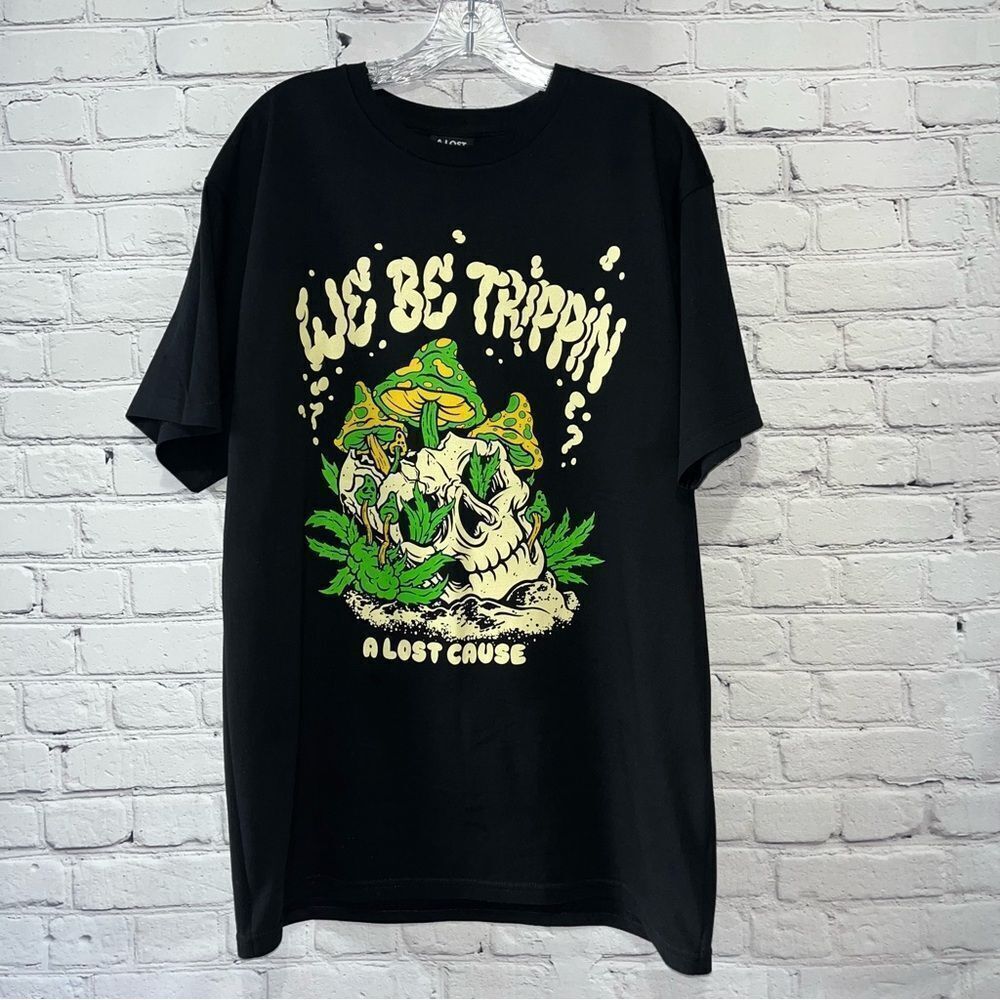 Y2K Graphic Tee Black T-Shirt Maryjane & Mushrooms Friendly Size Large